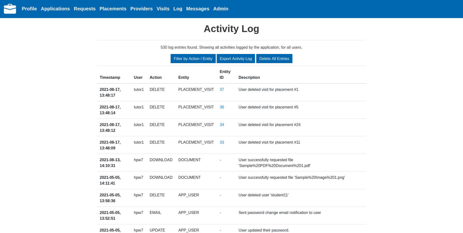 Activity log