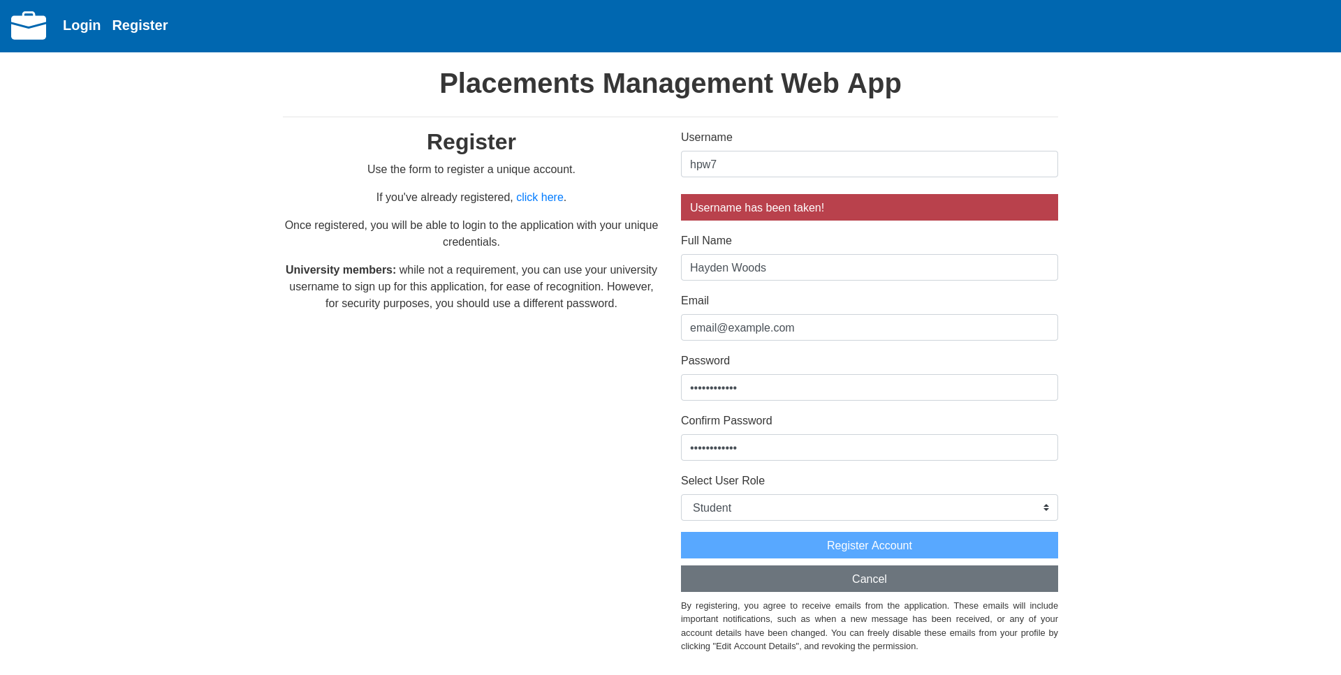 Registration form